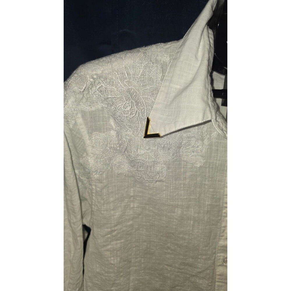 Valentino Made In Italy White Crochet Lace Overly Button Front S Linen/Cotton - Picture 9 of 10